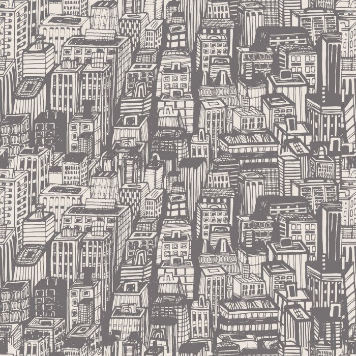 Behang Vintage design krantenpapier hand getrokken naadloze patroon met grote stad. Vector illustratie met NYC architectuur, wolkenkrabbers, megapolis, gebouwen, de stad.