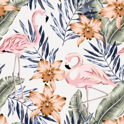 Behang Vintage flamingo's en bloemen