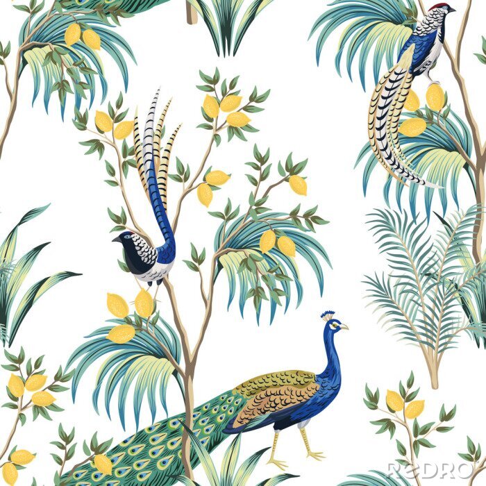 Behang Vintage garden lemon fruit tree, plant, exotic peacock, exotic bird floral seamless pattern white background. Exotic chinoiserie wallpaper.