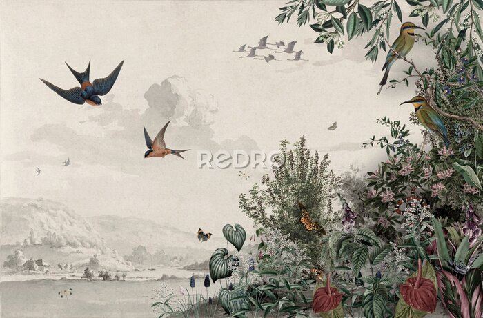 Behang Vintage illustratie van wilde planten en vogels
