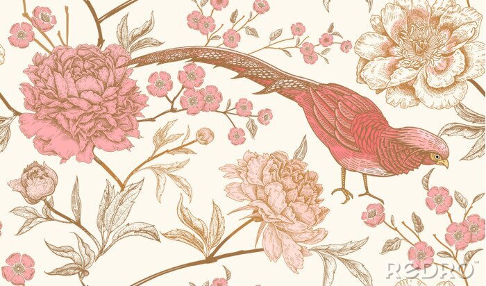 Behang Vintage met roze vogels en bloemen