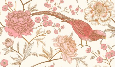 Behang Vintage met roze vogels en bloemen