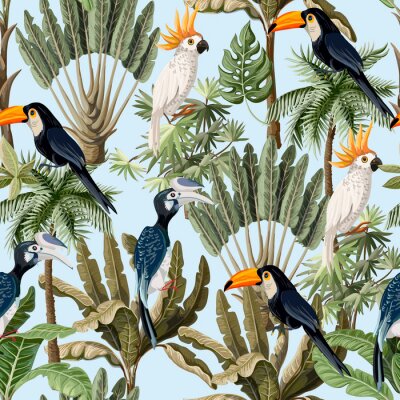 Behang Vintage motief met exotische papegaaien en bladeren