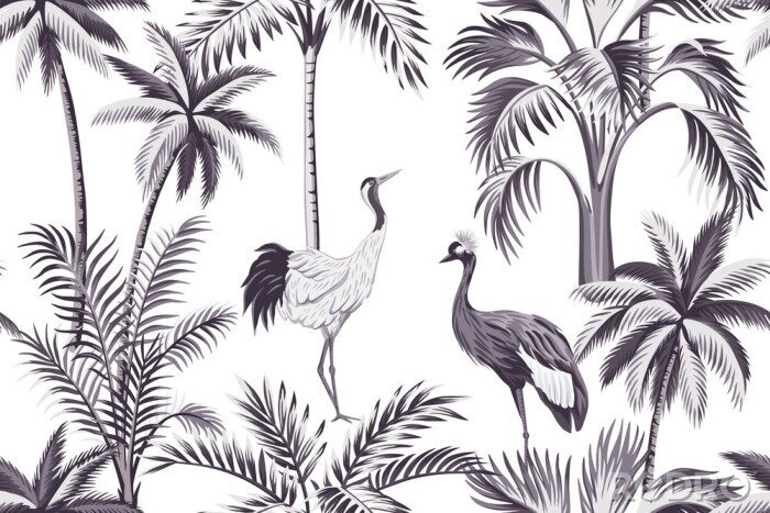 Behang Vintage motief met palmbomen en vogels