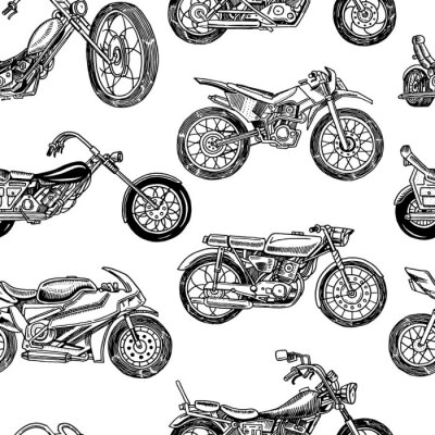 Behang Vintage motorcycles Seamless Pattern. Bicycle Background. Extreme Biker Transport. Retro Old Style. Hand drawn Engraved Monochrome Sketch.