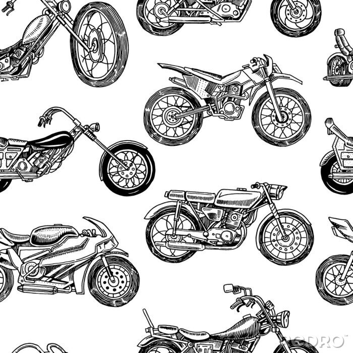 Behang Vintage motorcycles Seamless Pattern. Bicycle Background. Extreme Biker Transport. Retro Old Style. Hand drawn Engraved Monochrome Sketch.