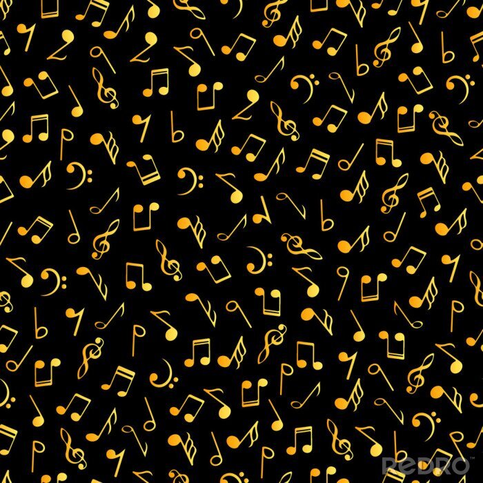 Behang Vintage music decorative notes seamless pattern. Gradient golden colors simbols on black background. Abstract vector texture musical symbols.