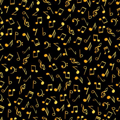 Behang Vintage music decorative notes seamless pattern. Gradient golden colors simbols on black background. Abstract vector texture musical symbols.