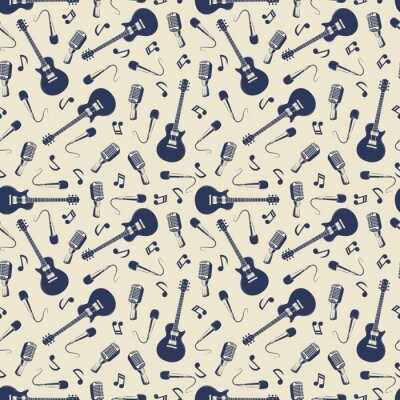 Behang Vintage muzikaal naadloos patroon met gitaren, microfoons