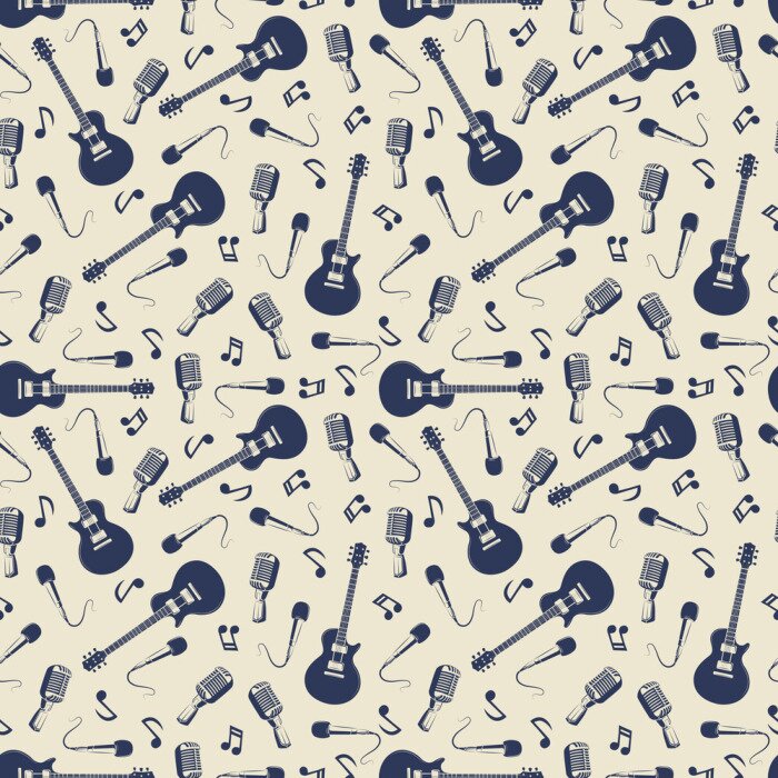 Behang Vintage muzikaal naadloos patroon met gitaren, microfoons