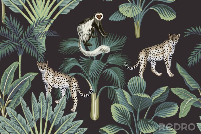 Behang Vintage patroon met wilde dieren in de jungle