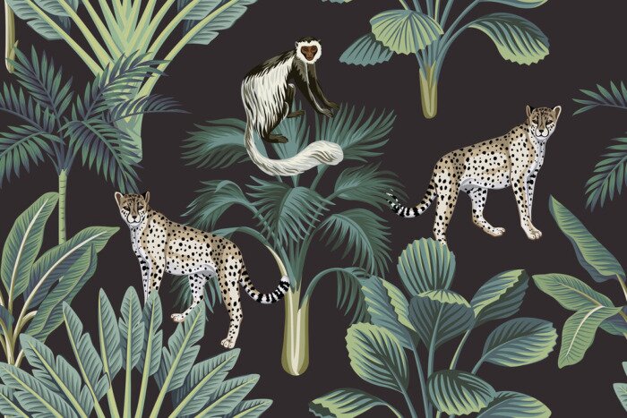 Behang Vintage patroon met wilde dieren in de jungle