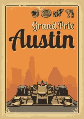 Vintage poster Grand Prix in Austin. Set symbolen F1 - racing sport auto, kop, helm, finishvlag, wiel, champagne. Vector illustratie voor poster, logo, web met oud papier textuur achtergrond