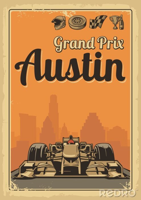 Behang Vintage poster Grand Prix in Austin. Set symbolen F1 - racing sport auto, kop, helm, finishvlag, wiel, champagne. Vector illustratie voor poster, logo, web met oud papier textuur achtergrond