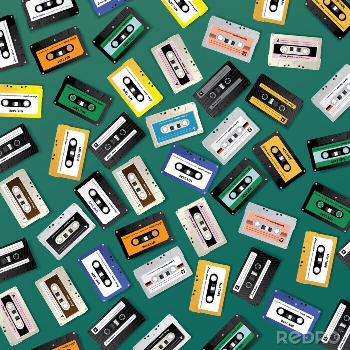 Behang Vintage Retro Cassette Tape Pattern Design Template Vector Illustration