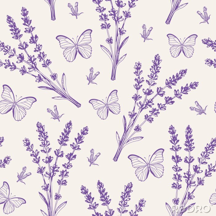 Behang Vintage seamless pattern with lavender flowers and butterflies.