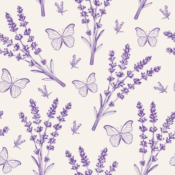 Behang Vintage seamless pattern with lavender flowers and butterflies.