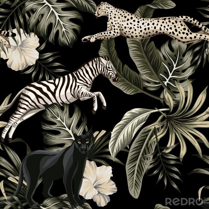 Behang Vintage tropical floral leaves , hibiscus flower, black panther, zebra, cheetah running wildlife animal floral seamless pattern black background. Exotic safari night wallpaper.