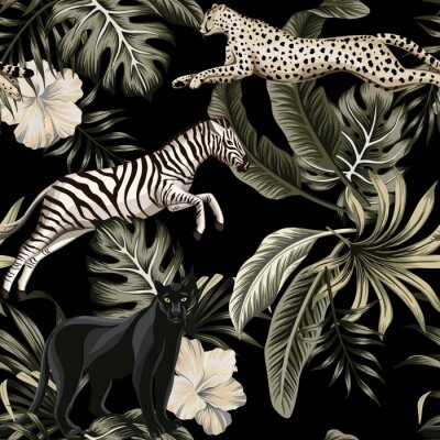 Behang Vintage tropical floral leaves , hibiscus flower, black panther, zebra, cheetah running wildlife animal floral seamless pattern black background. Exotic safari night wallpaper.
