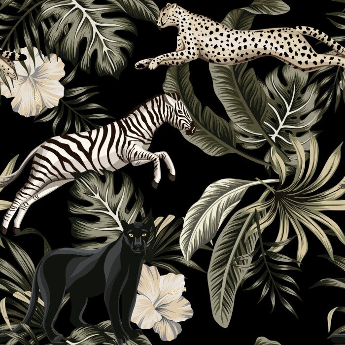 Behang Vintage tropical floral leaves , hibiscus flower, black panther, zebra, cheetah running wildlife animal floral seamless pattern black background. Exotic safari night wallpaper.