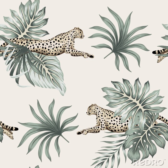 Behang Vintage tropical palm leaves, cheetah running wildlife animal floral seamless pattern ivory background. Exotic jungle wallpaper.