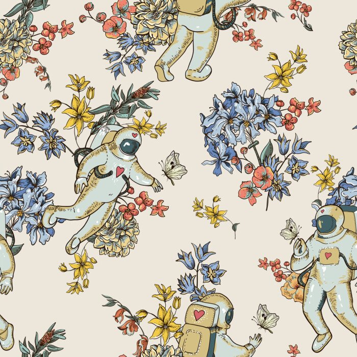 Behang Vintage vector astronaut seamless pattern with flowers. Science fiction background, Hand drawn floral space,