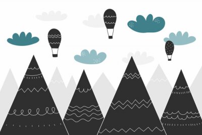 Vliegende ballonnen boven de bergen in Scandinavische stijl