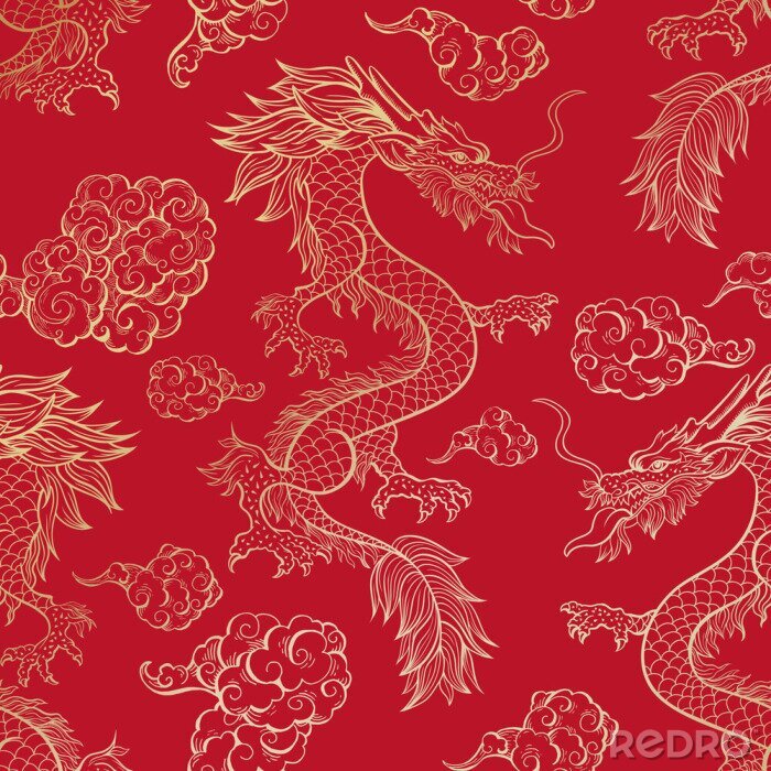 Behang Vliegende oosterse chinese draken op een rode achtergrond