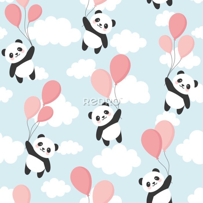 Behang Vliegende panda's in de lucht met roze ballonnen