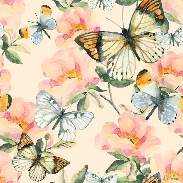 Behang Vlinder aan een bloem in pastelkleuren