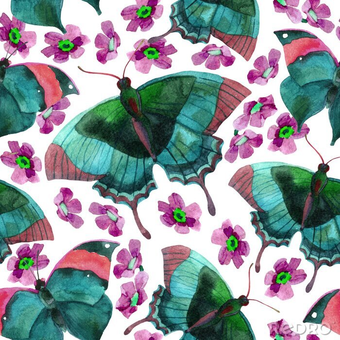 Behang Vlinders beschilderd met verf met bloemen