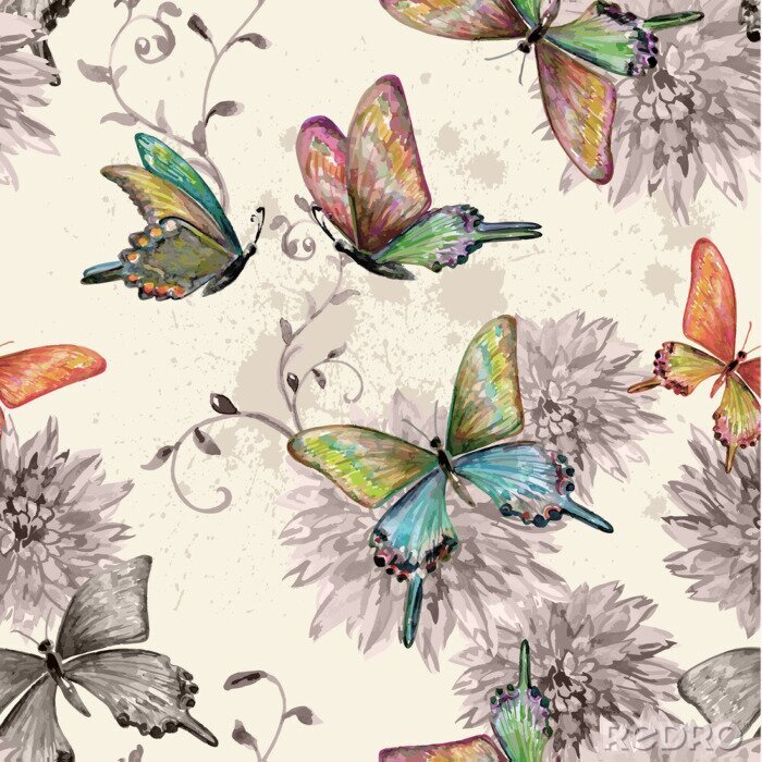 Behang Vlinders en bloemen in retrostijl