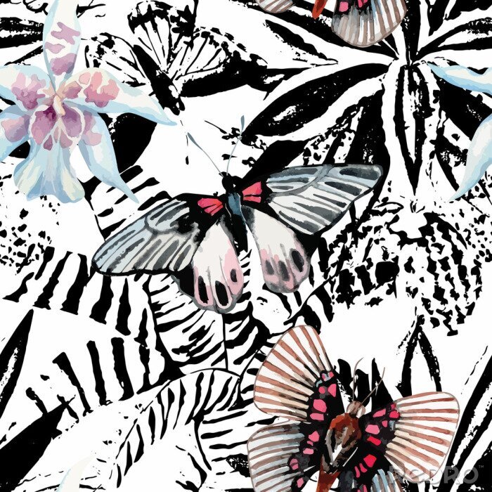 Behang Vlinders en bloemen op een zwart-witte achtergrond