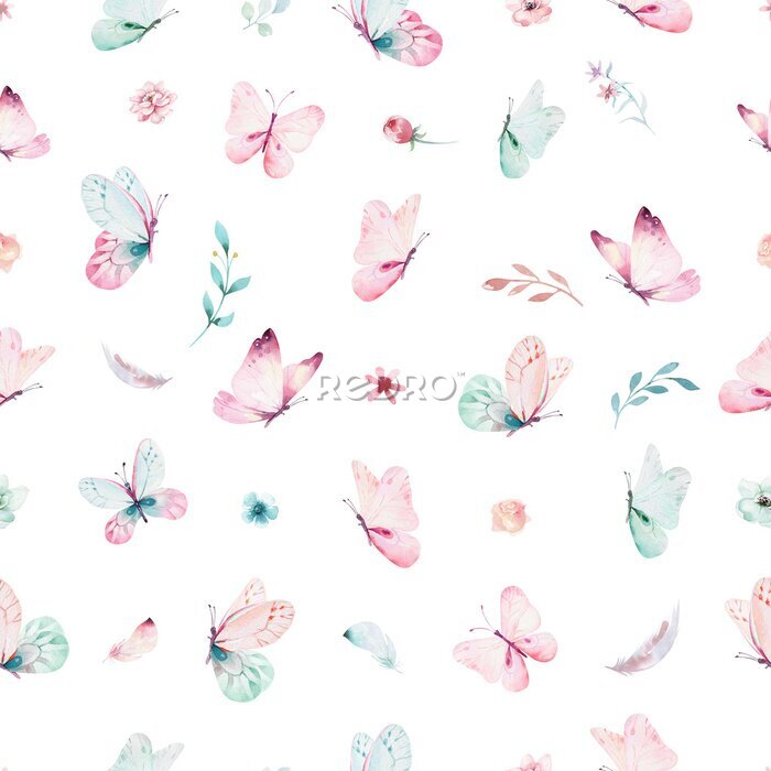 Behang Vlinders en bloemetjes in pasteltinten