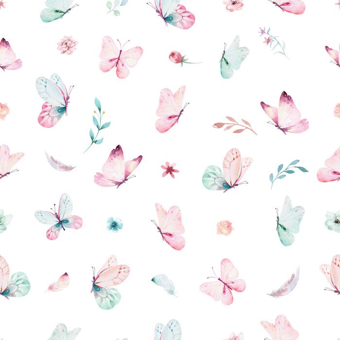 Behang Vlinders en bloemetjes in pasteltinten