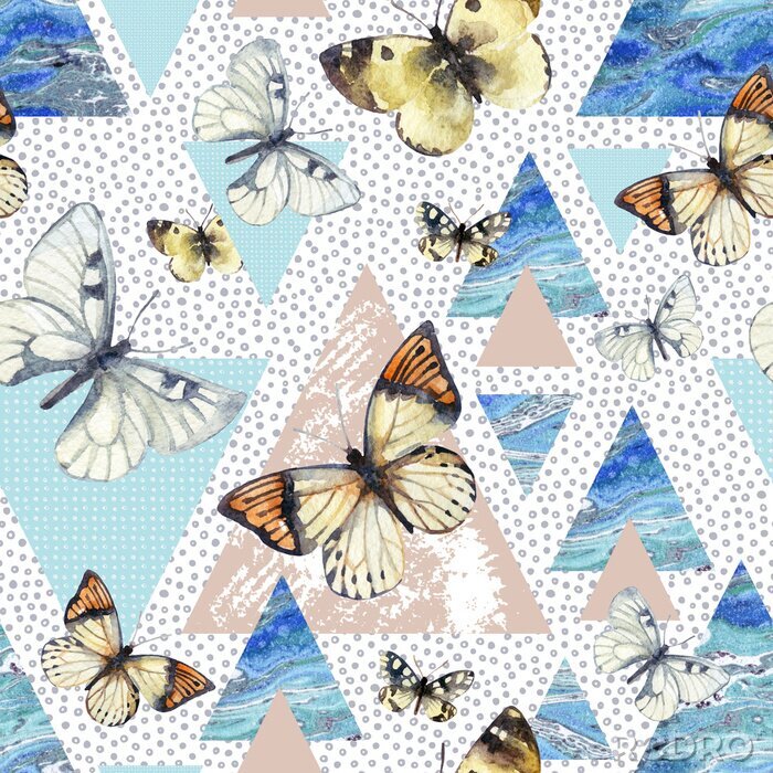 Behang Vlinders en geometrische kleurrijke achtergrond
