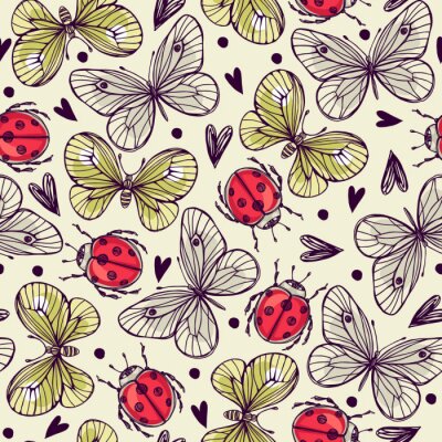 Behang Vlinders lieveheersbeestjes en hartjes