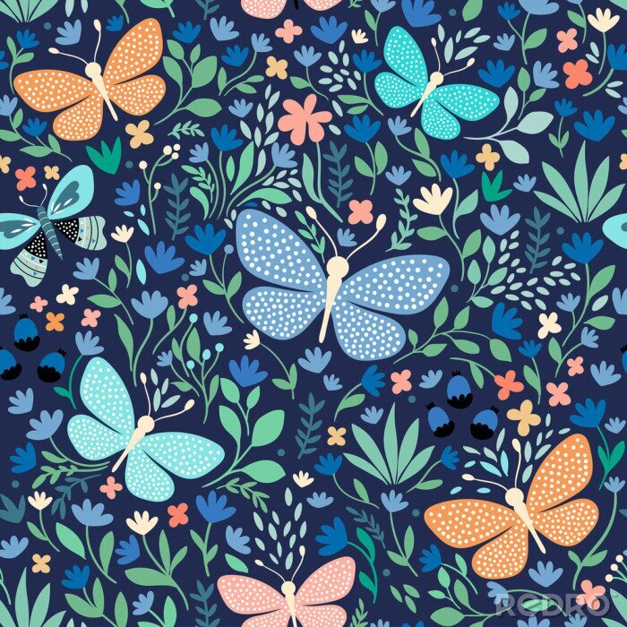 Behang Vlinders met stippen en kleurrijke bloemen