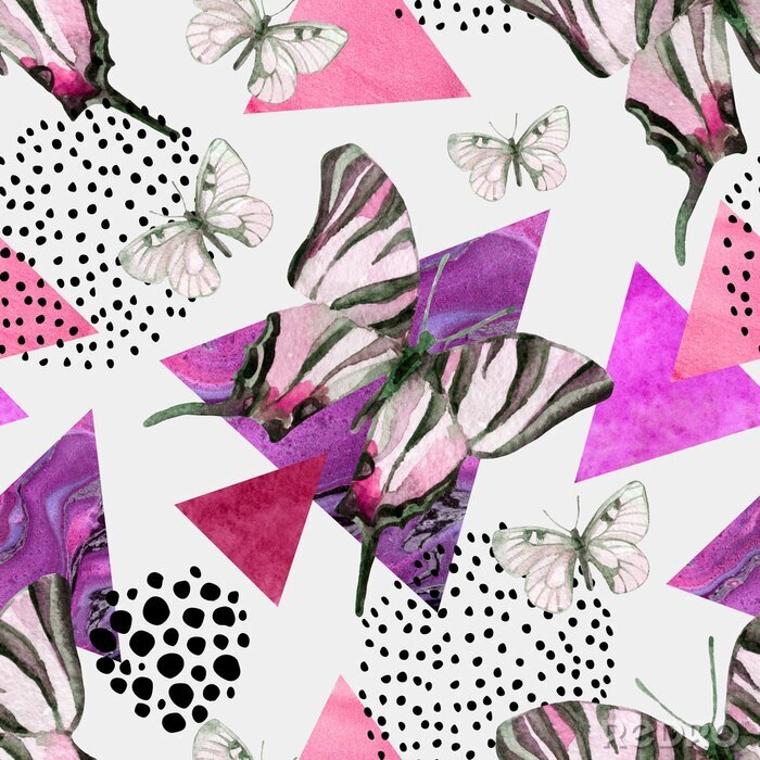 Behang Vlinders op een kleurrijke geometrische achtergrond