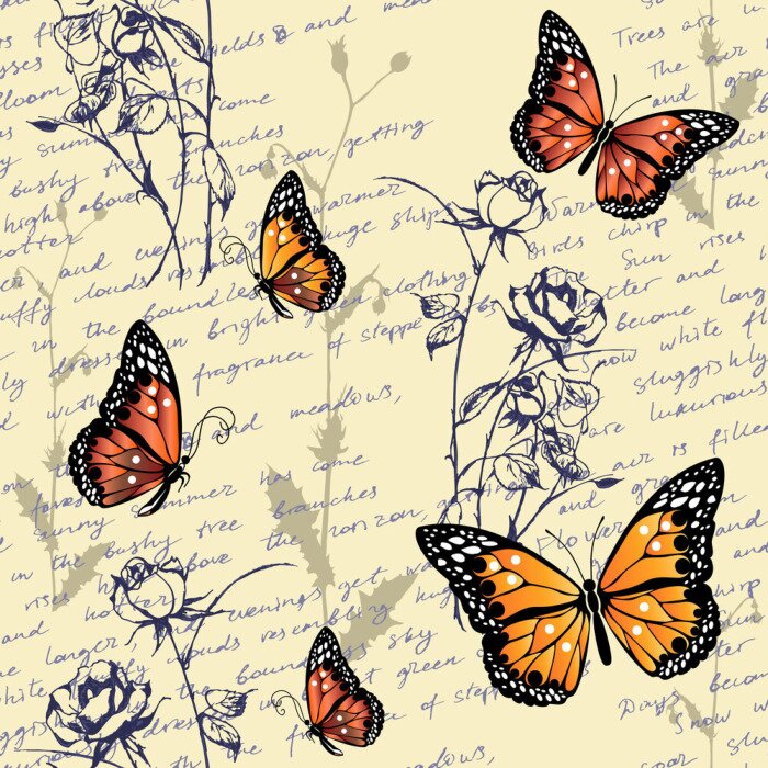 Behang Vlinders schilderden rozen en letters