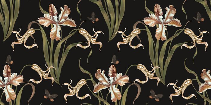 Behang Vlinders tussen tulpen in retrostijl