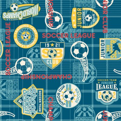 Behang Voetbal badges met tartan achtergrond naadloze patroon