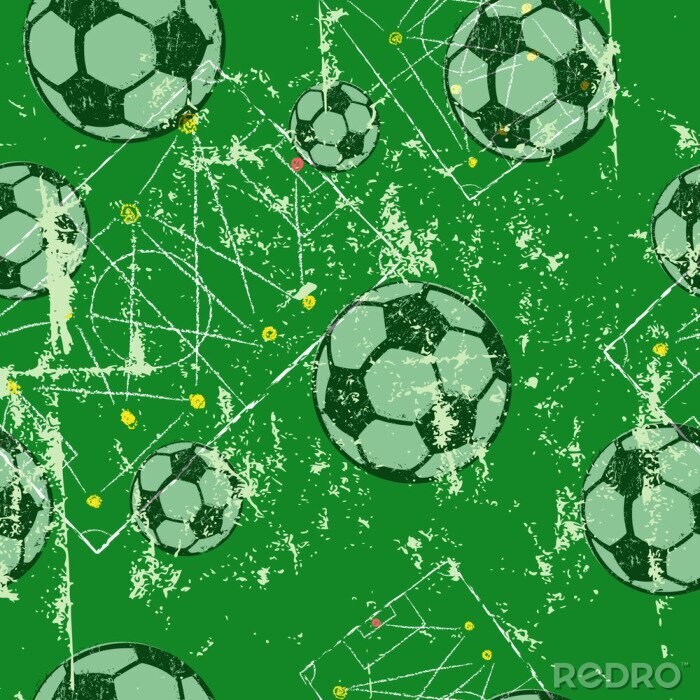 Behang Voetbal of voetbal, naadloze patroonachtergrond, tactiekdiagram, voetbalballen, grunge stijl