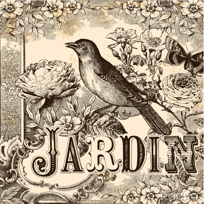 Behang Vogel en bloemen in vintage illustratie