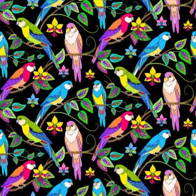 Behang Vogels en bladeren op een donkere achtergrond