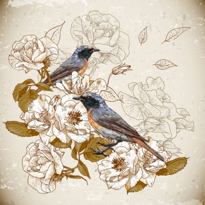 Sticker Vogels en bloemen in retrostijl