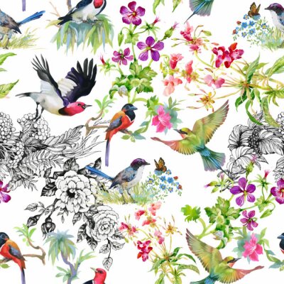 Behang Vogels en bloemen in verschillende tinten