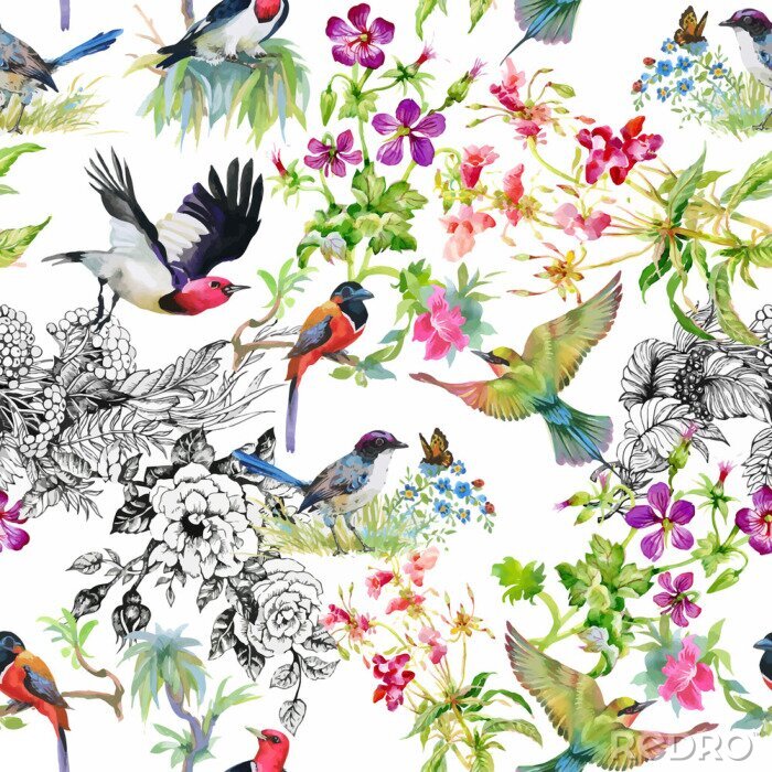 Behang Vogels en bloemen in verschillende tinten