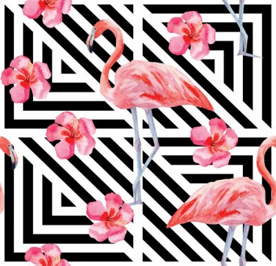 Behang Vogels en bloemen op de achtergrond van geometrie