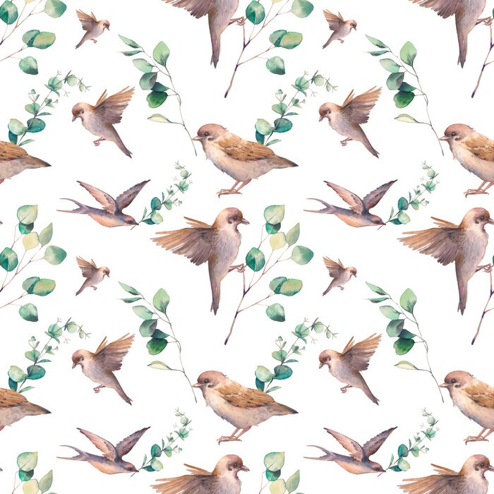 Behang Vogels en eucalyptustakjes